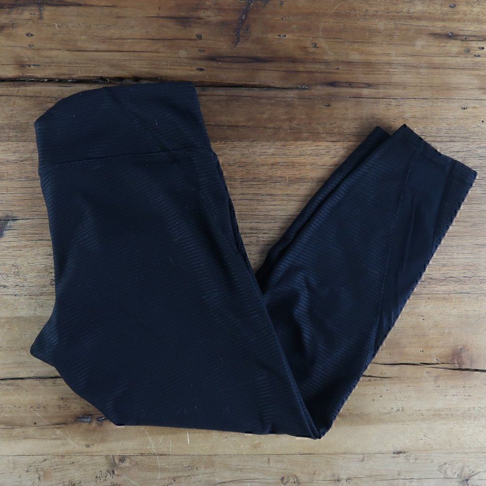 OLD NAVY ACTIVE BLACK & GREY STRIPE LEGGINGS WITH SHEER PANELS SIZE LARGE